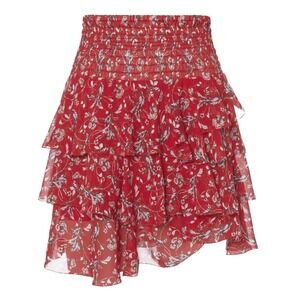 Intermix Red Silk Sheer Chiffon Smocked Floral Tiered Ruffle Skirt SML Coquette